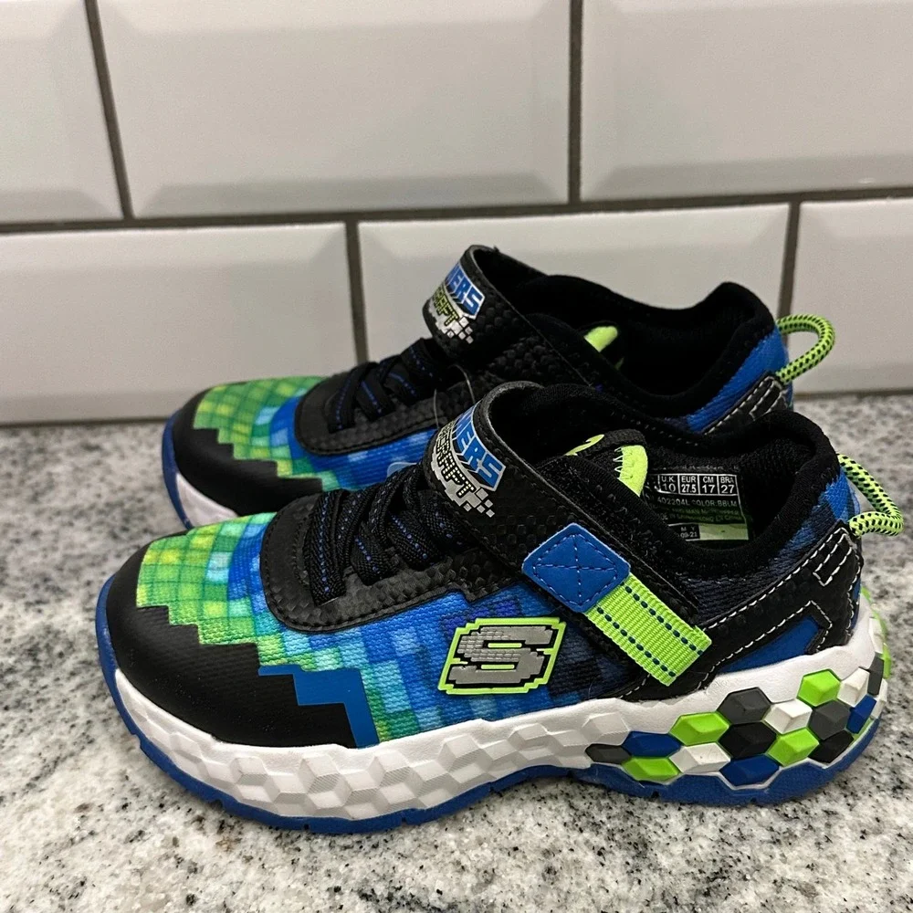 Skechers Kids 11 Mega-Craft Sneaker Blue Green Pixel Gamer Runner Comfort Tennis